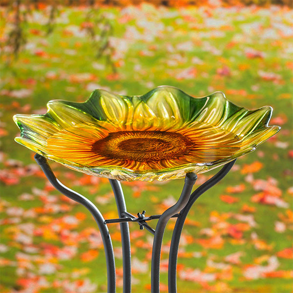 Hand Painted and Embossed Shaped Bird Bath, Sunflower
