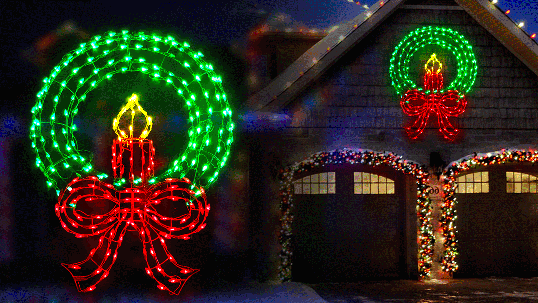 Wreath and Bow with Candle LED Light Display