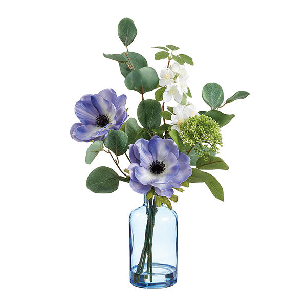 Blue White Anemone Dianthus Sedum in Glass Vase