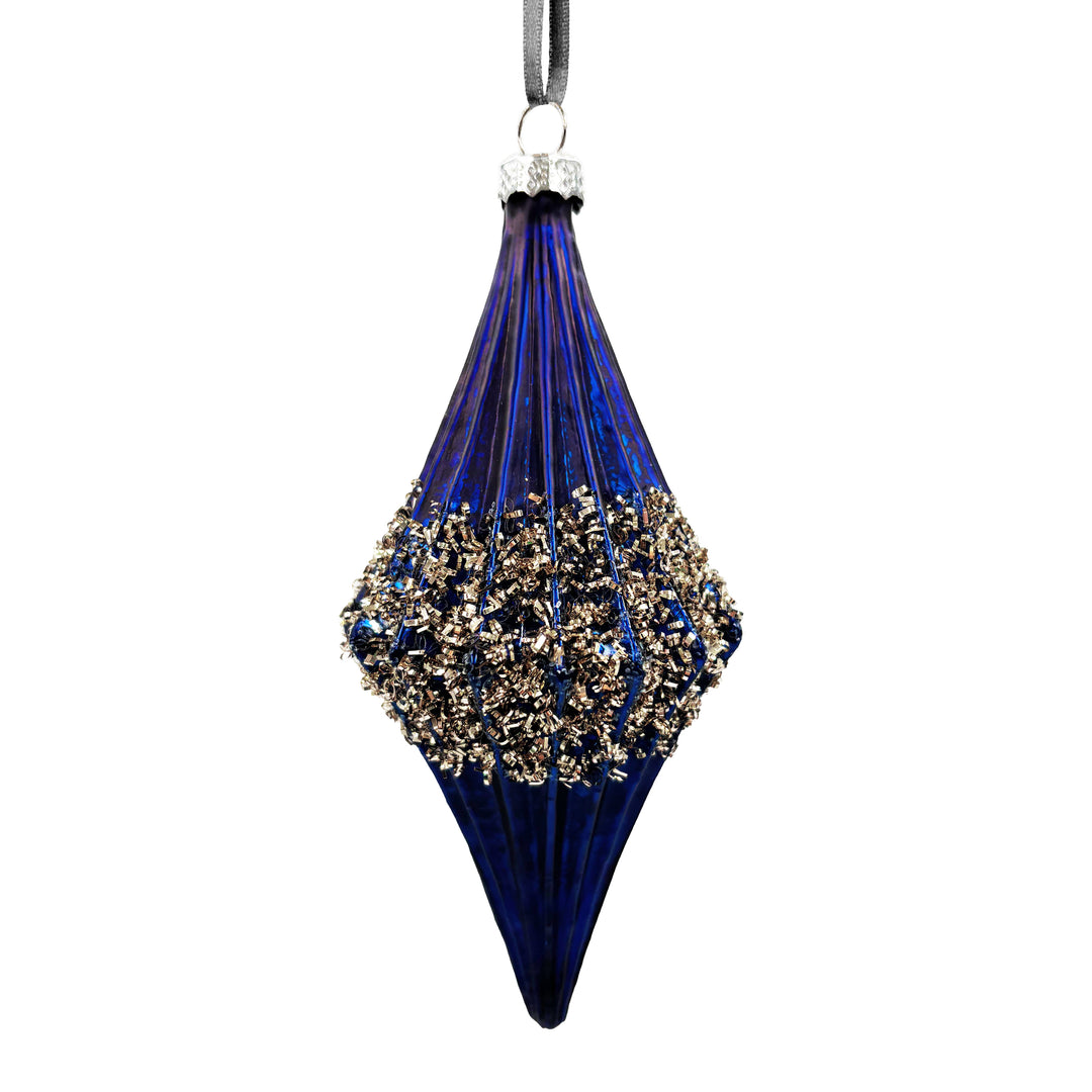 Blue Glass Finial Ornament with Gold Beading