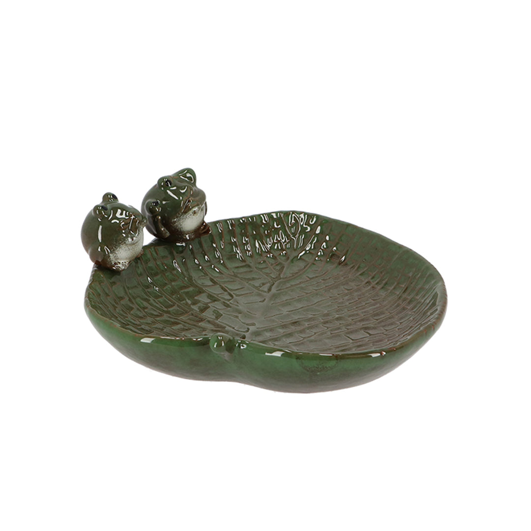Bird Bath with Frogs on a Leaf, Dark Green