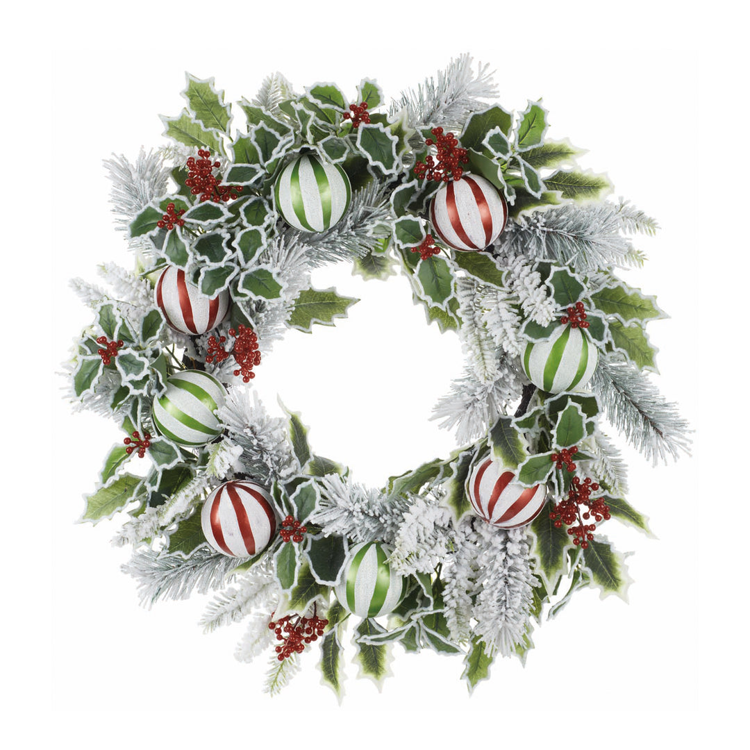 Snowy Holly Pine and Ornament Wreath