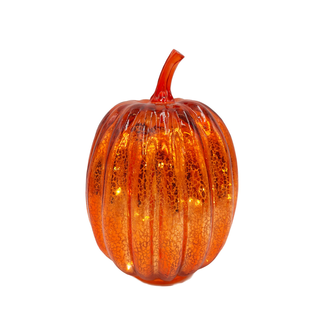 Light Up Orange Crackle Glass Pumpkin 8 Inches