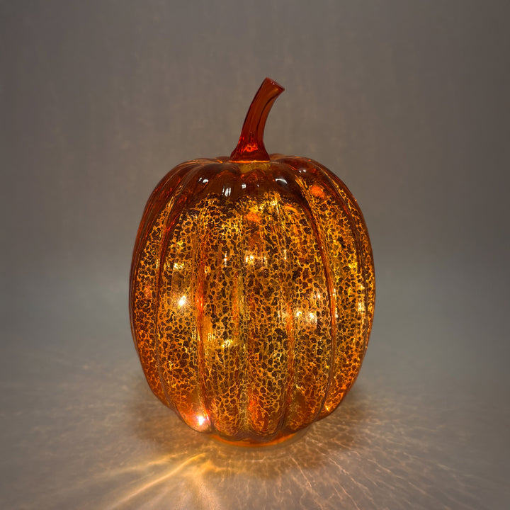 Light Up Orange Crackle Glass Pumpkin