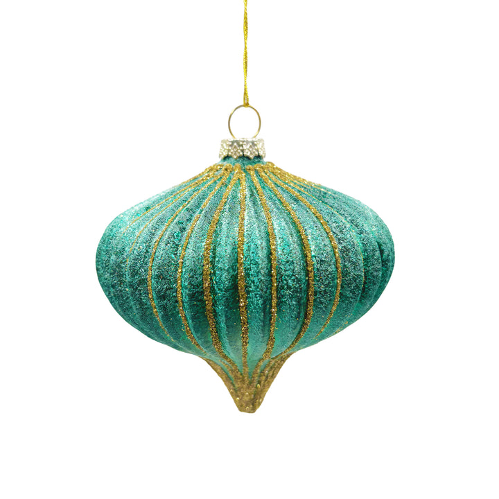 Glass Onion Ornament with Gold Stripes Green