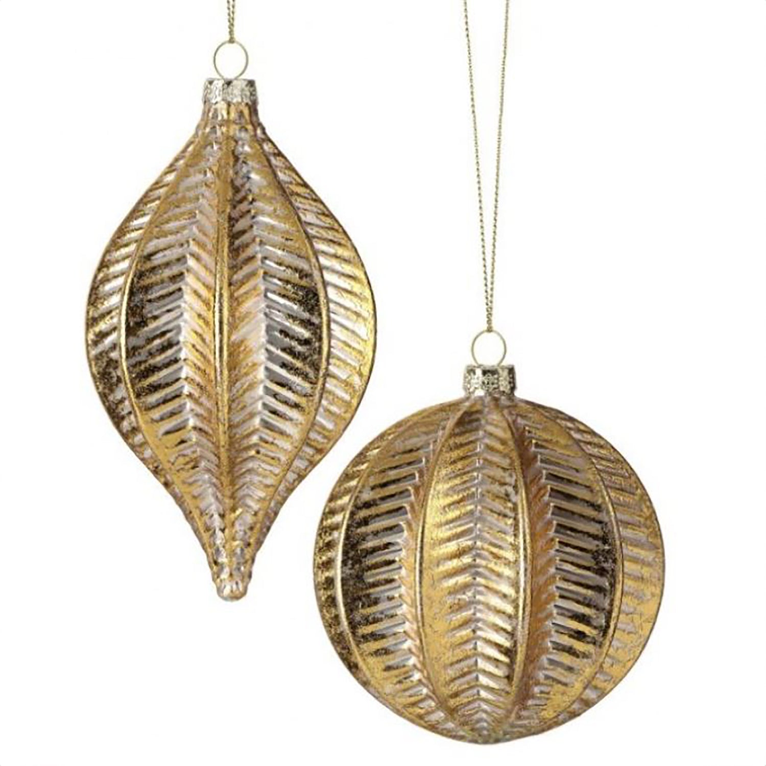 Pair of gold-colored Christmas tree bulbs in round and finial shapes.