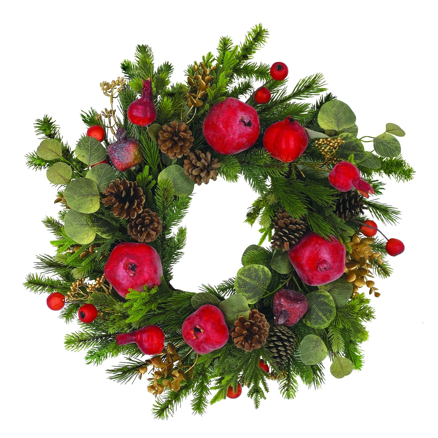 Life-like frosted cedar wreath with pine cones.