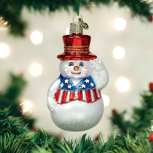 Old World Patriotic Snowman Glass Ornament