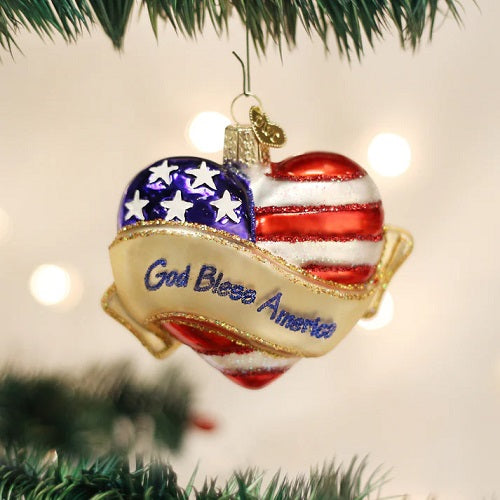 Old World God Bless America Glass Heart Ornament - 3"