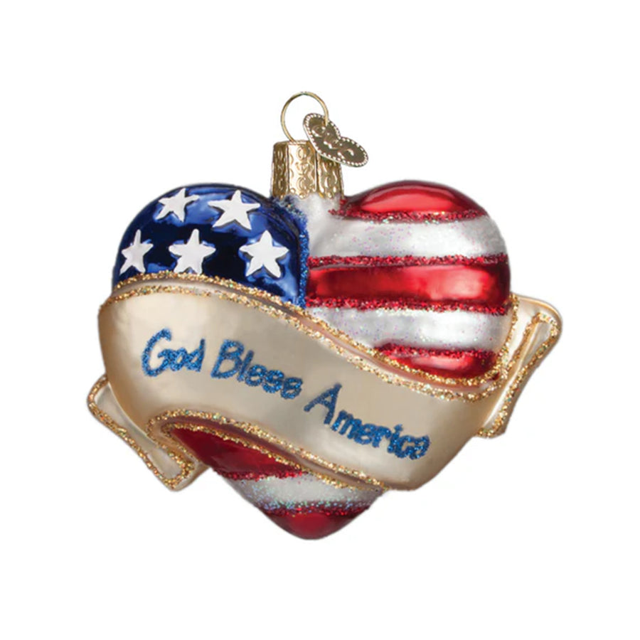 Glass God Bless America Heart Ornament