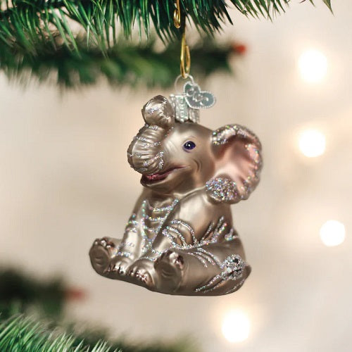 Old World Little Elephant Glass Ornament - 4"