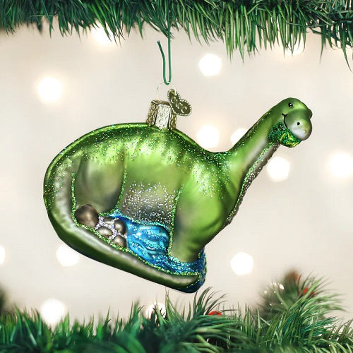 Old World Brontosaurus Glass Ornament - 4"