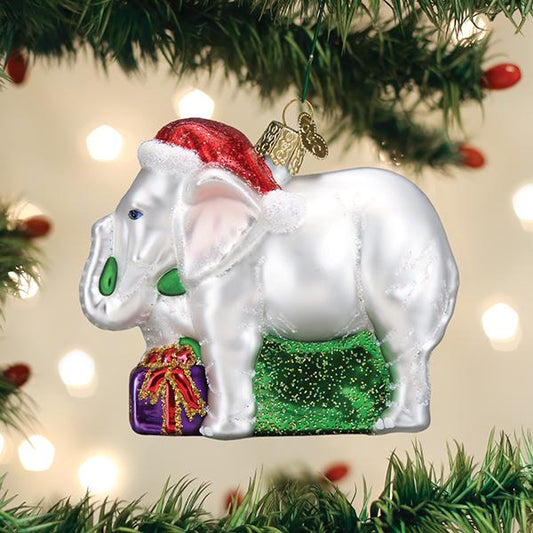 Old World White Elephant Glass Ornament - 4"