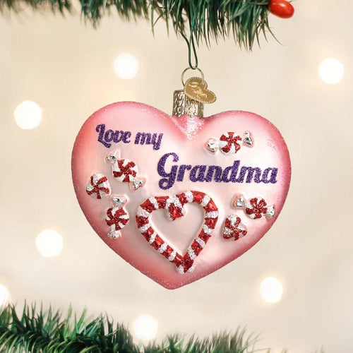 Old World Grandma Heart Glass Ornament - 3"