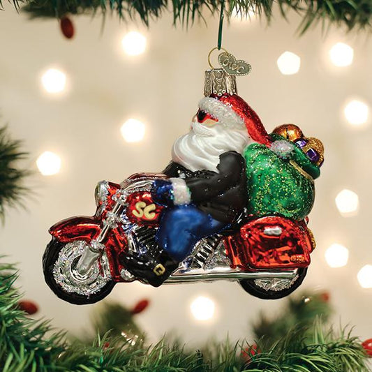 Old World Biker Santa Glass Ornament - 4"