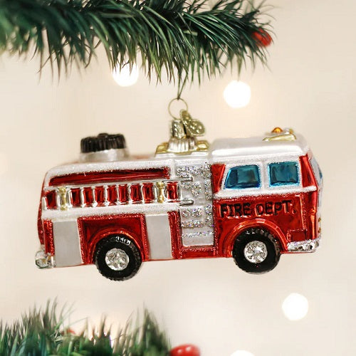 Old World Fire Truck Glass Ornament - 4"