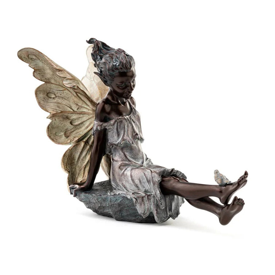 Fairy Sitting on Rock with Bird Figurine