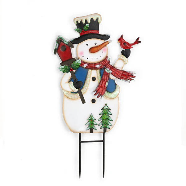 Metal Snowman with Birdhouse Stake