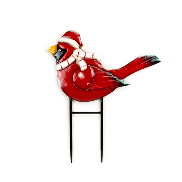 Metal Cardinal Stake with Santa Hat and Scarf