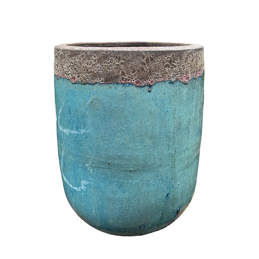 Bubbled Tall Round Egg Pot White/Jade