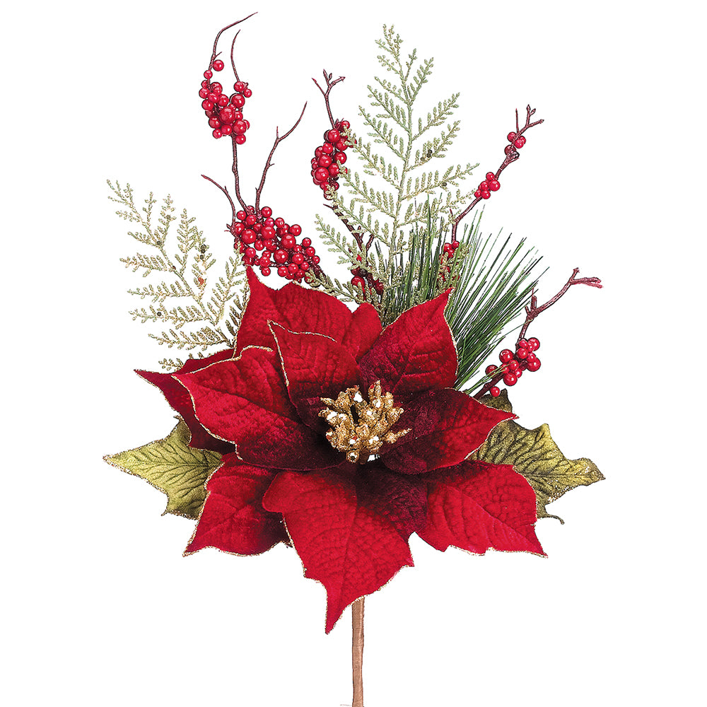 Glittered Velvet Pick - Poinsettia, Berry & Pine