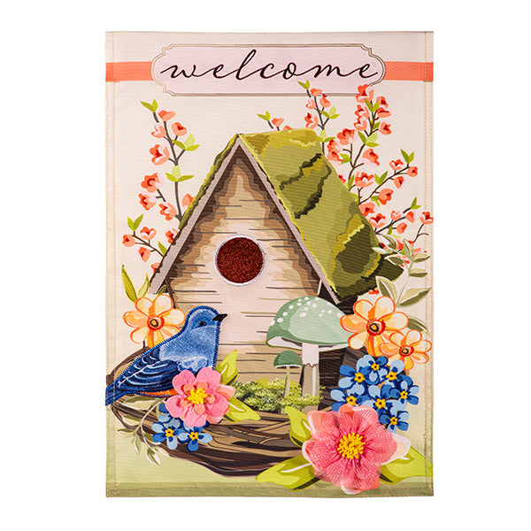 Spring Birdhouse Applique Garden Flag