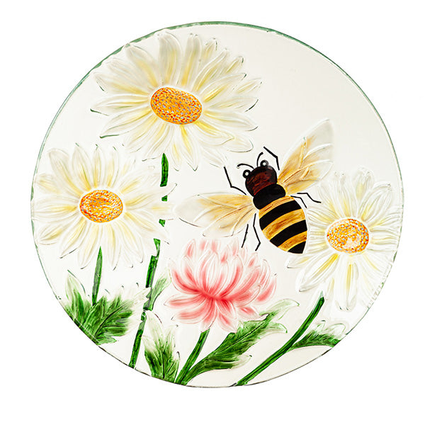 Hand Painted Daisies & Bee Glass Bird Bath