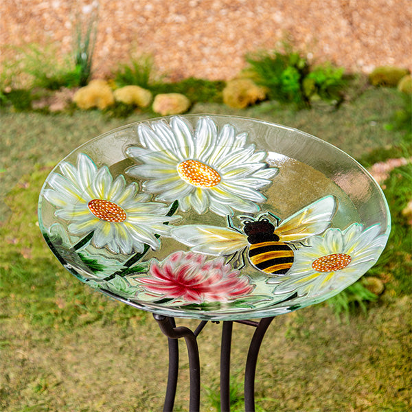 Hand Painted Daisies & Bee Glass Bird Bath