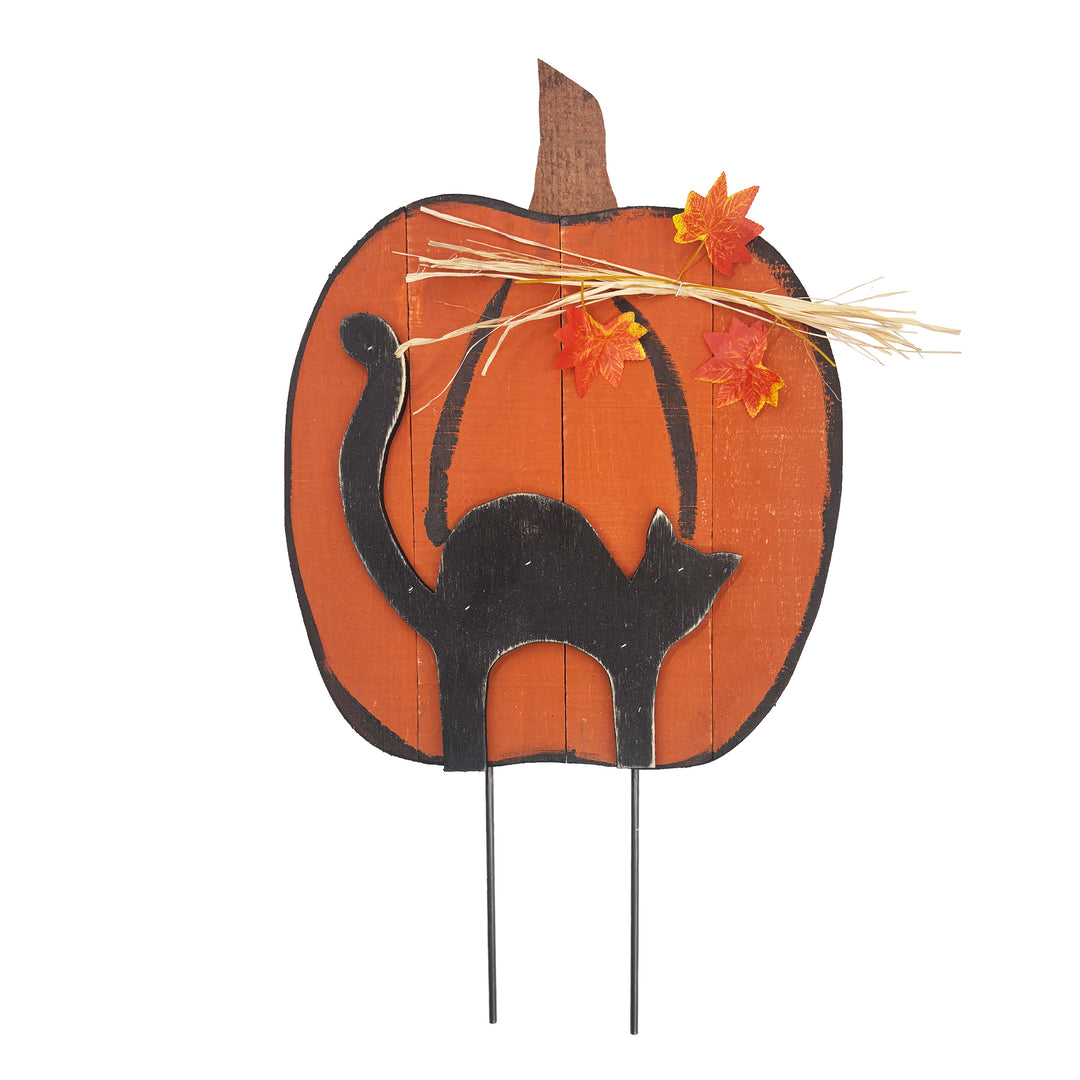 Wooden Pumpkin with Cat Yard Stake
