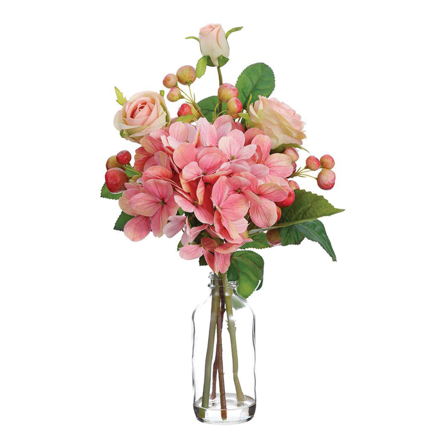 Pink Rose & Hydrangea in Glass Vase