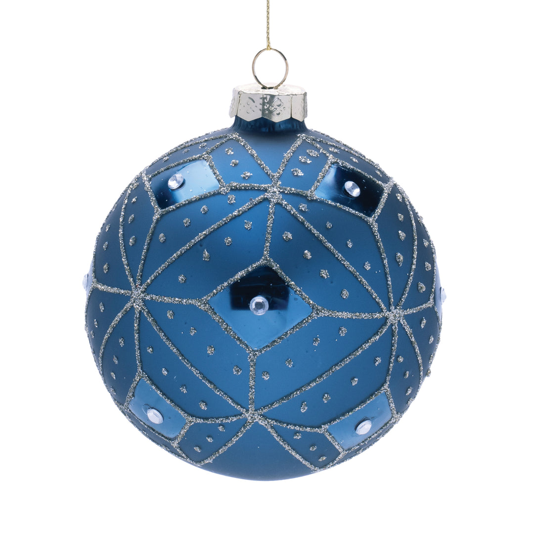 Blue Ball Ornament with Silver Glitter and Gem Accents