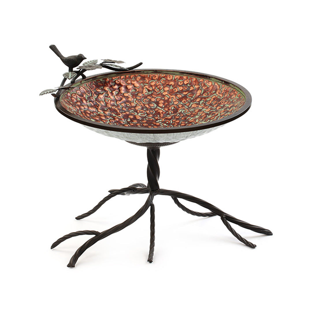 Burnt Copper Table Birdbath with Bird