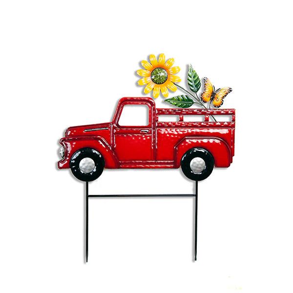 Metal Red Truck with Sunflower Stake
