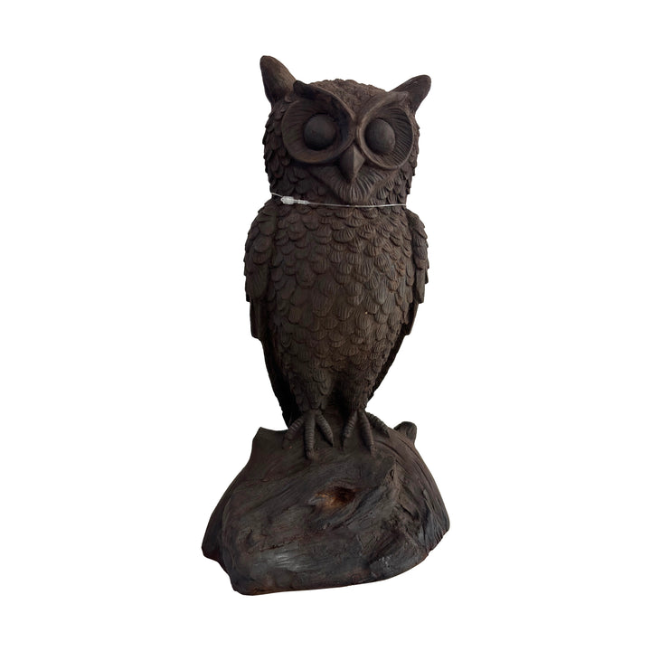 Owl on Log Statue 6"W 12"H Cast Iron