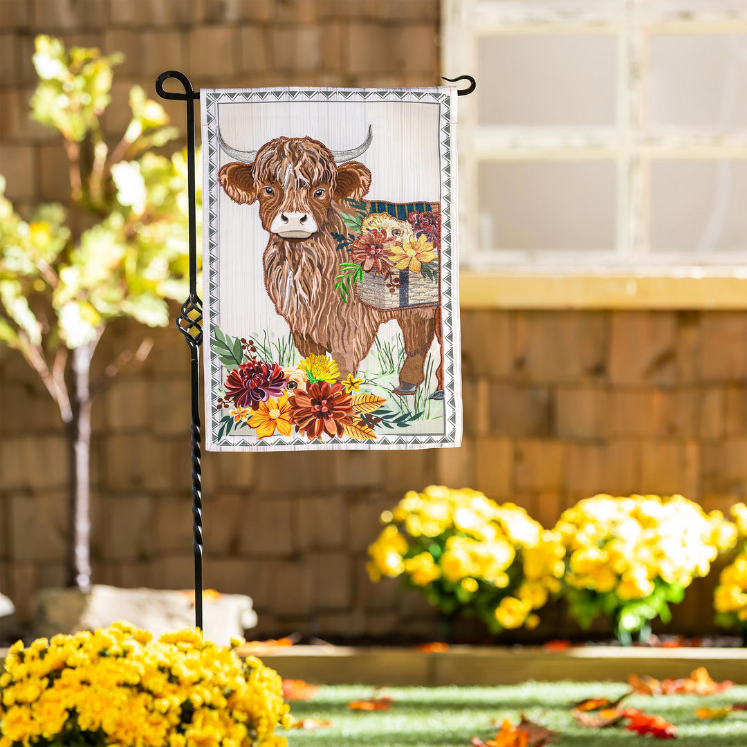 Highland Cow Fall Floral Applique Garden Flag