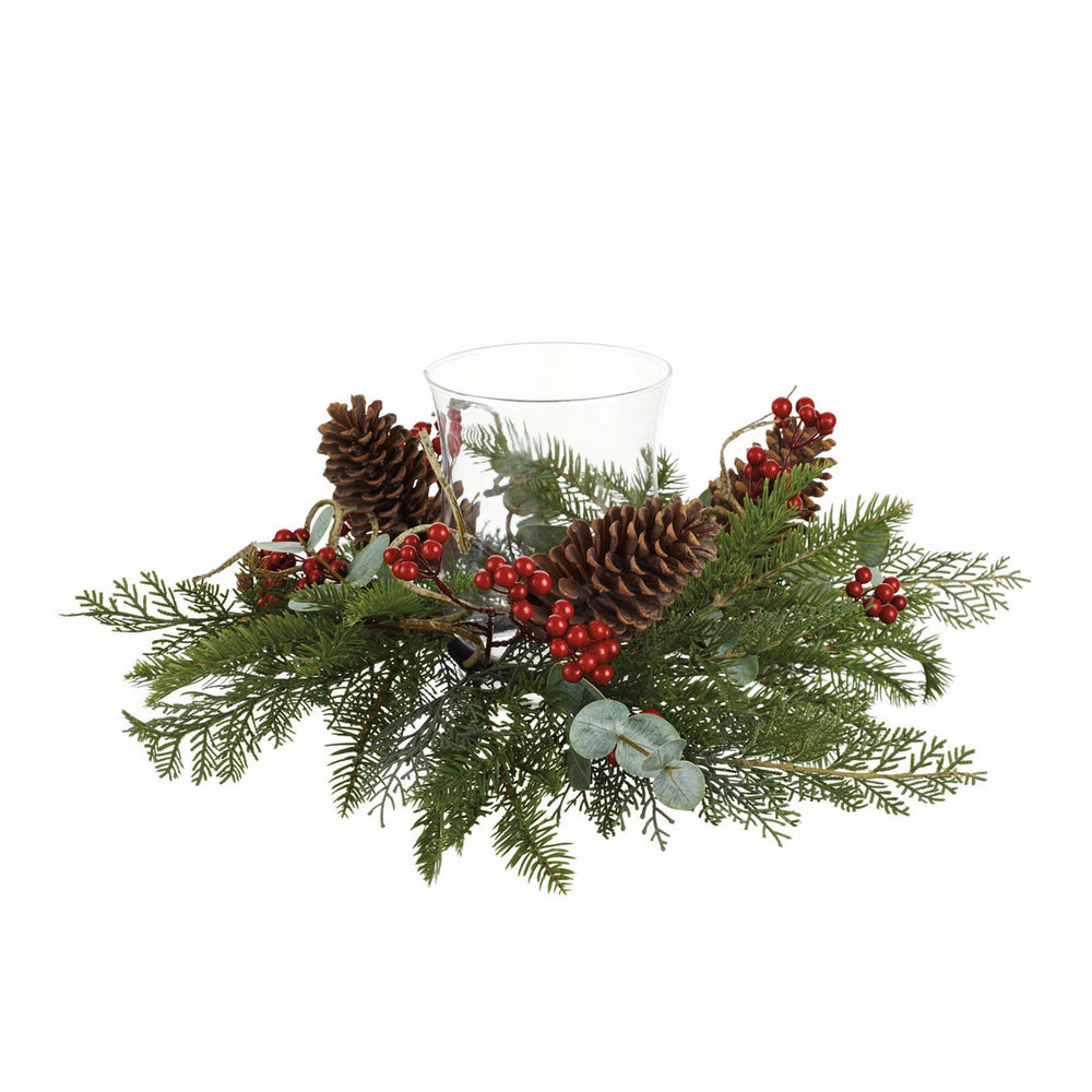 Red Berry Pine & Pinecone Centerpiece with Glass Candle Holder