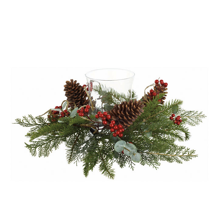 Red Berry Pine & Pinecone Centerpiece with Glass Candle Holder