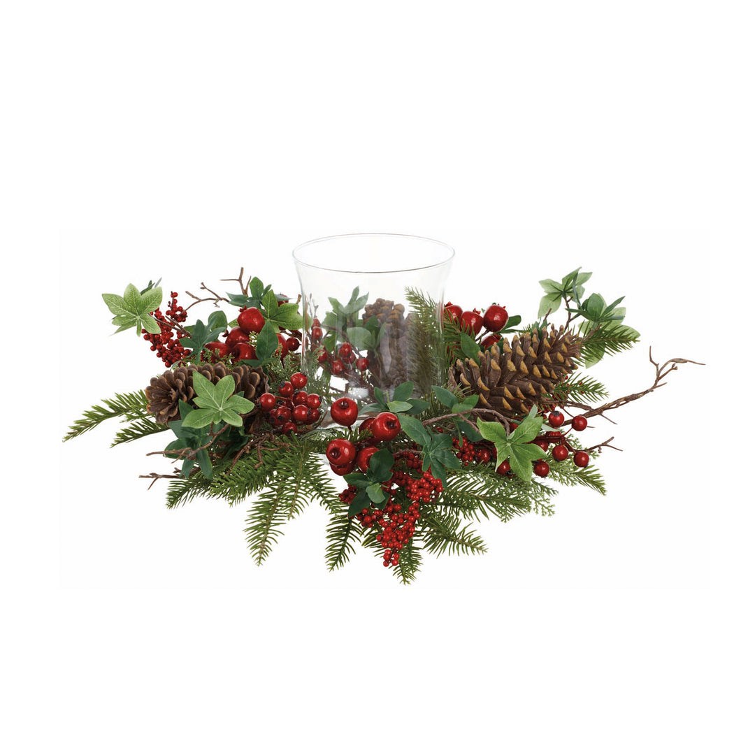 Red Berry Pine & Pinecone Centerpiece with Glass Candle Holder