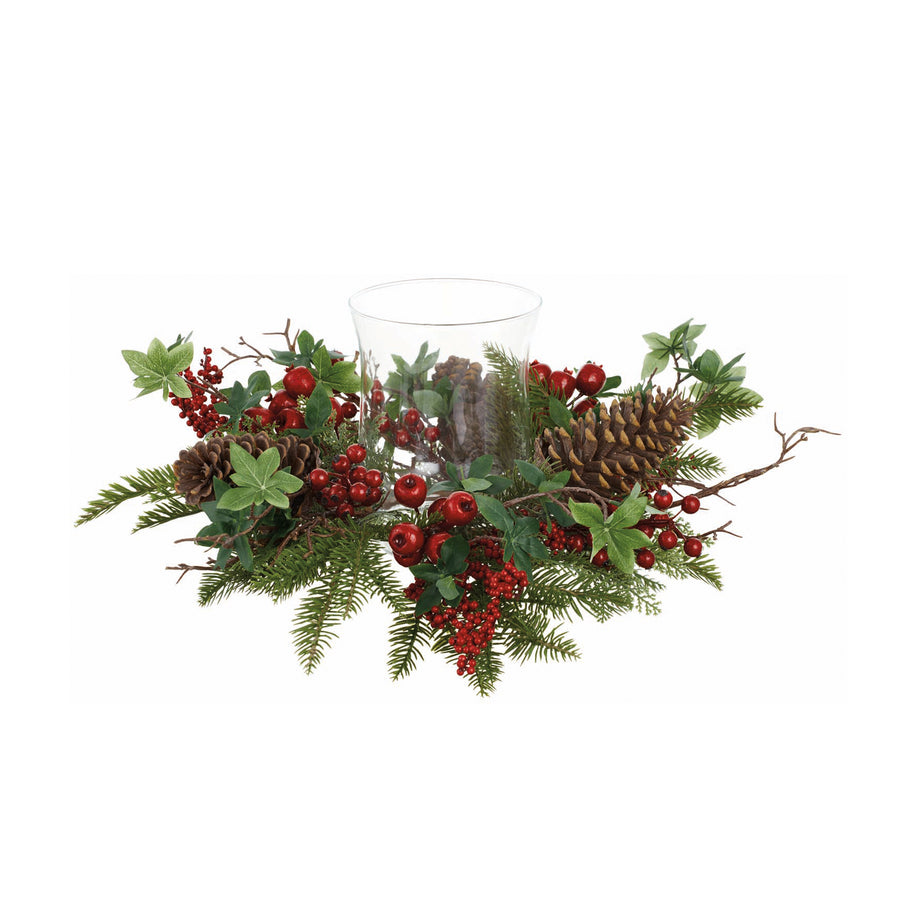Red Berry Pine & Pinecone Centerpiece with Glass Candle Holder