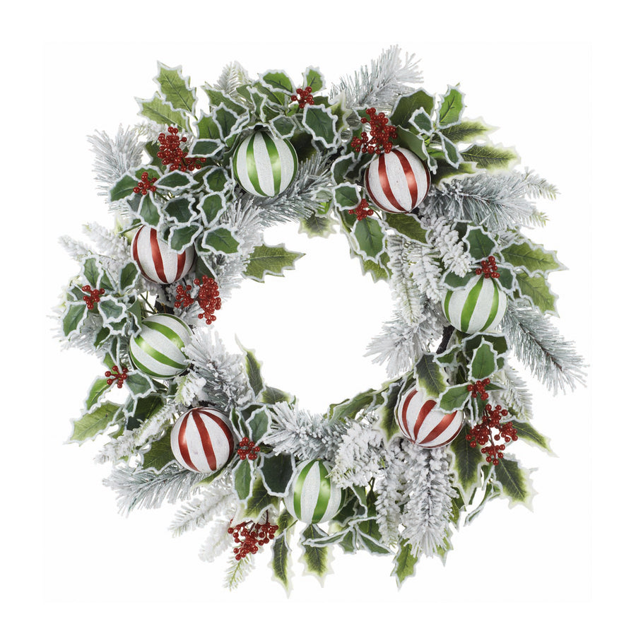 Snowy Holly Pine and Ornament Wreath