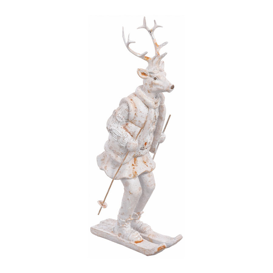 Antique White Winter Reindeer Figurine Skiing