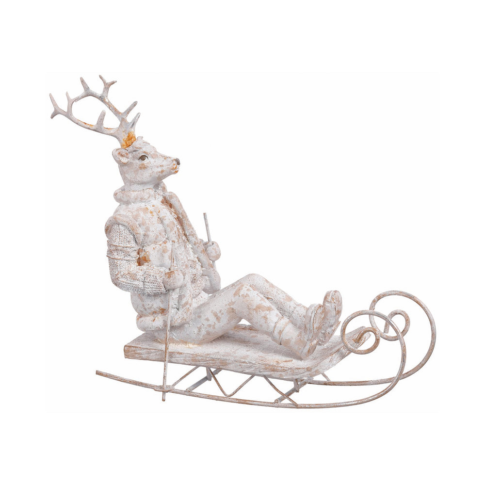 Antique White Winter Reindeer Figurine Sledding