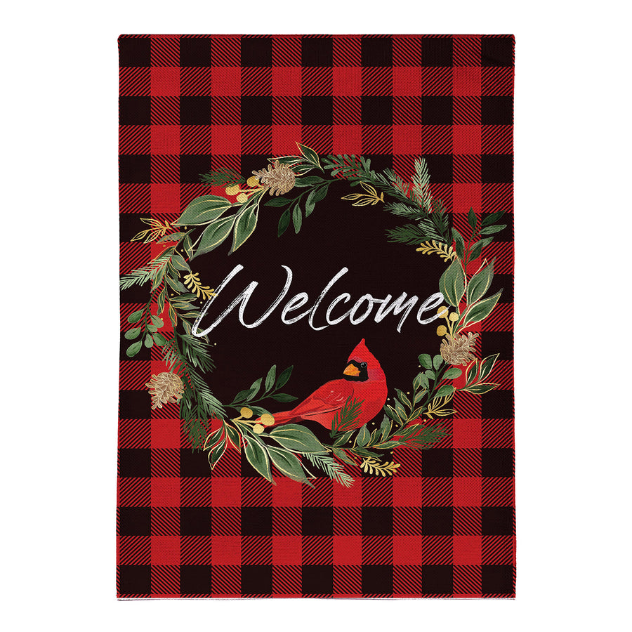 Welcoming Cardinal Wreath Burlap Flag