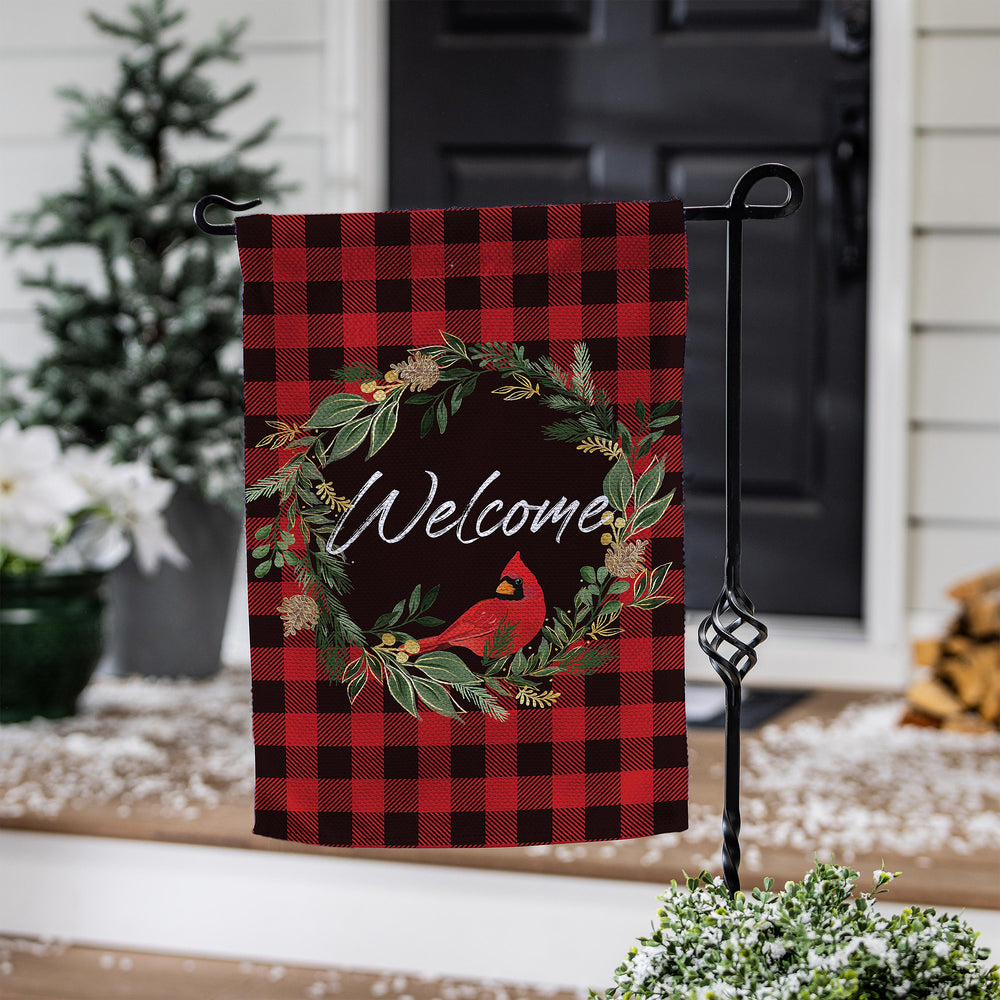 Welcoming Cardinal Wreath Burlap Flag