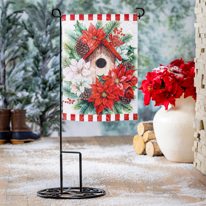 Poinsettia Birdhouse Moire Garden Flag