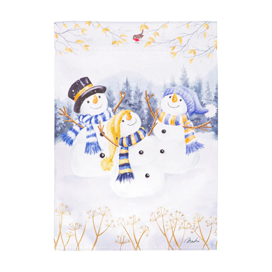 Happy Snowmen Trio Suede Garden Flag