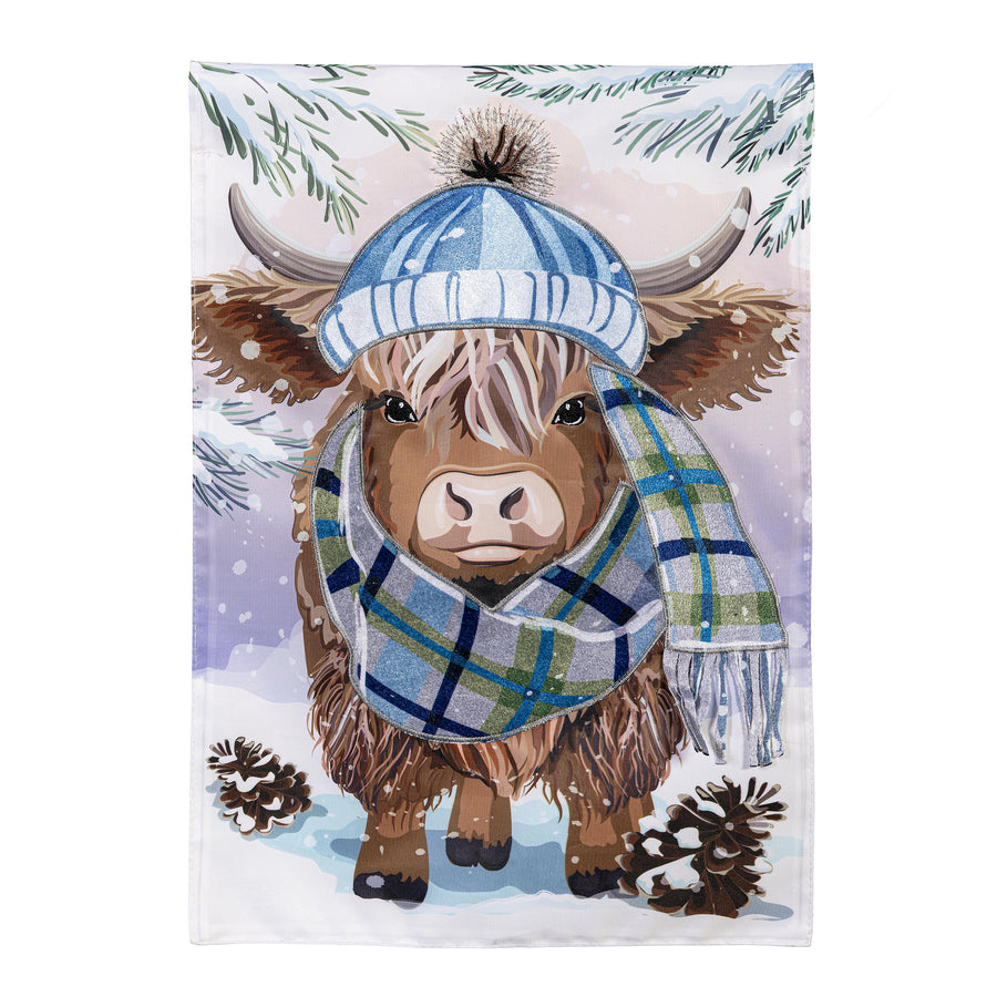 Winter Highland Cow Applique Garden Flag