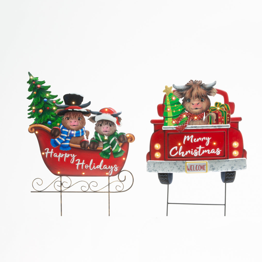 Lighted Metal Holiday Highland Cow Stake