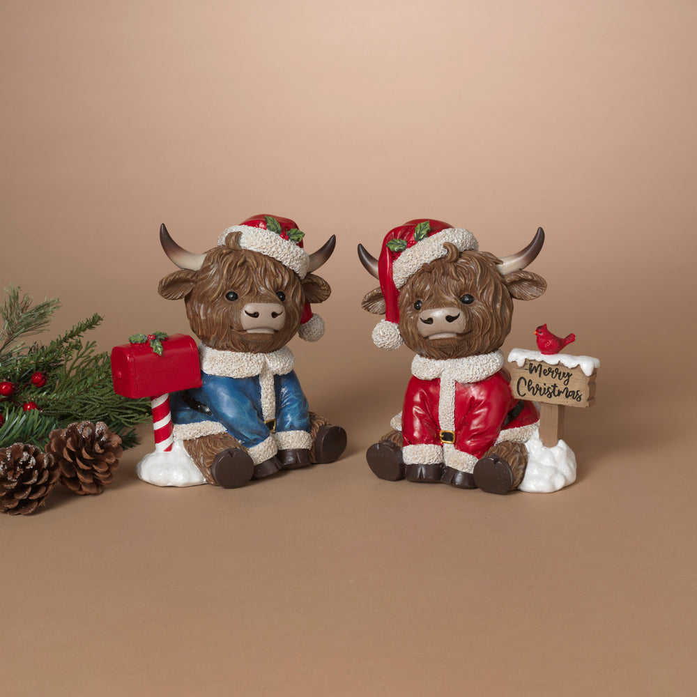 Holiday Highland Cow with Santa Hat and Sign