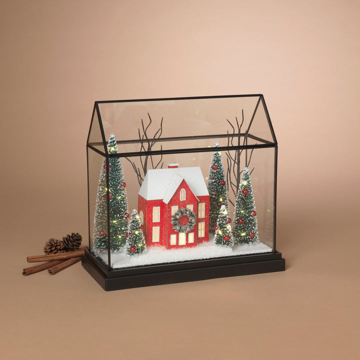 Lighted Holiday Glass House with Village Scene